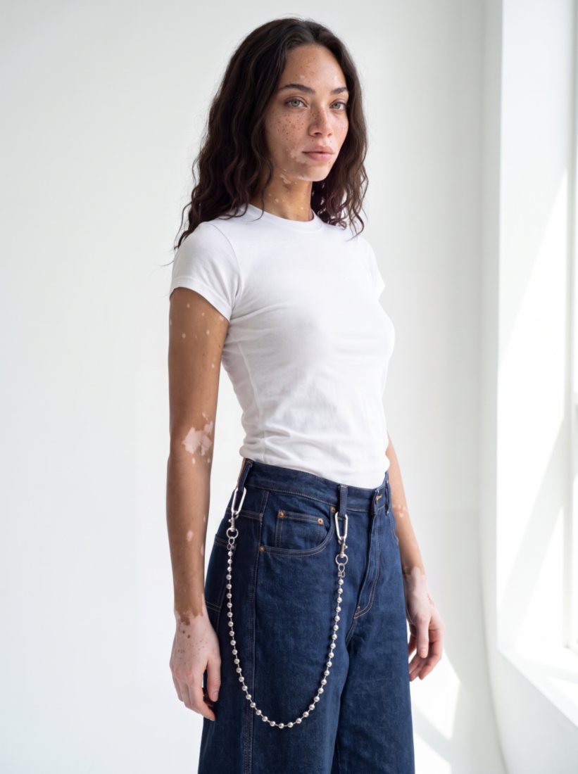 Our fixed model in a white tee and dark jeans wearing the Line 47 chain